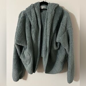 Blue hooded cropped Sherpa jacket